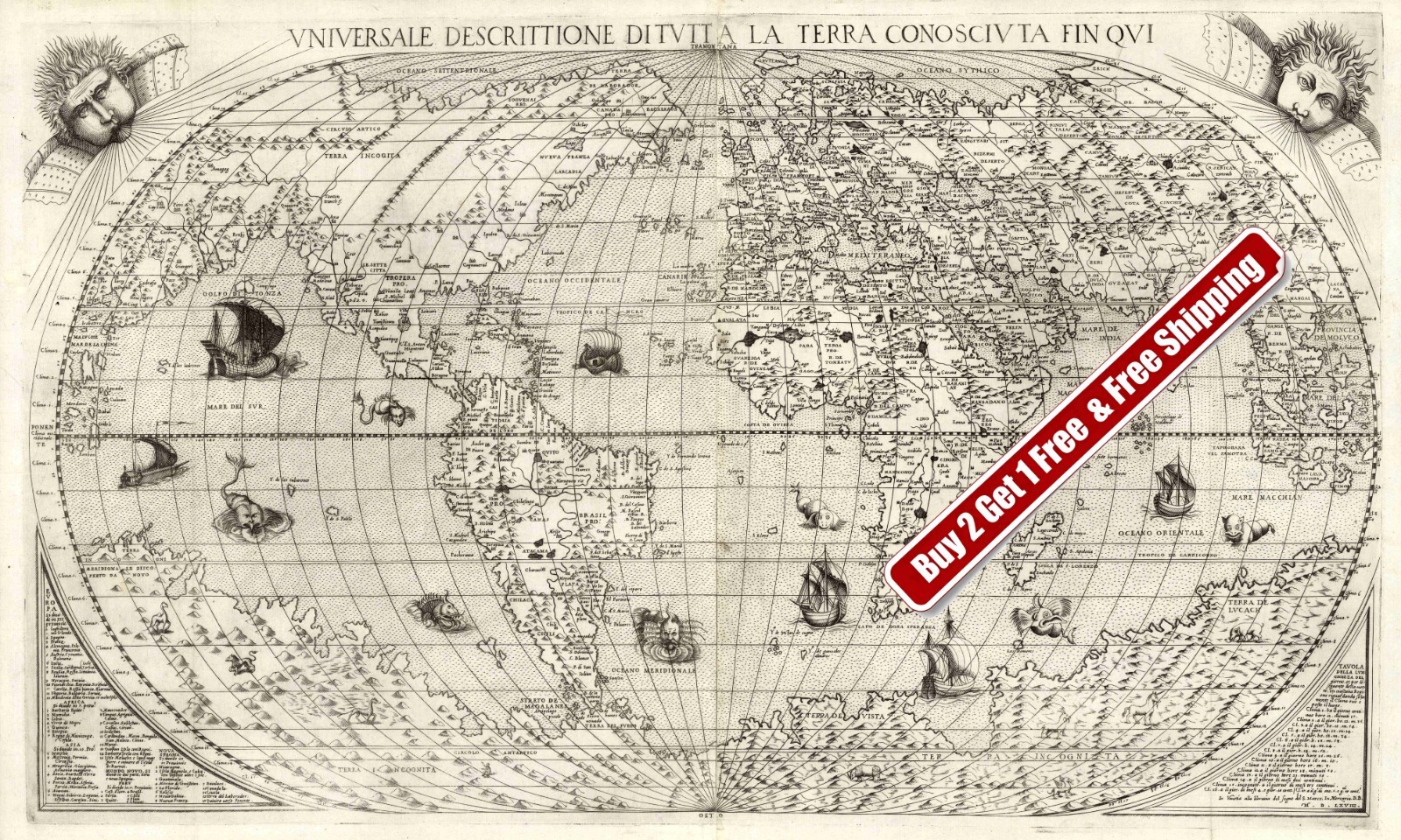 1565s Vintage World Map Sailing Vessels Sea Monsters Navigate 24 x 40 Inch #T239