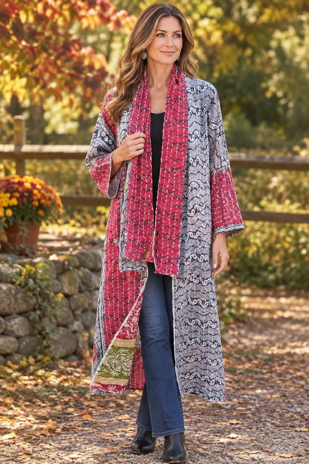 Women Handmade One Of A Kind Black Kantha Duster Open Front Kimono & Scarf Women Handmade One Of A Kind Black Kantha Duster Open Front Kimono & Scarf