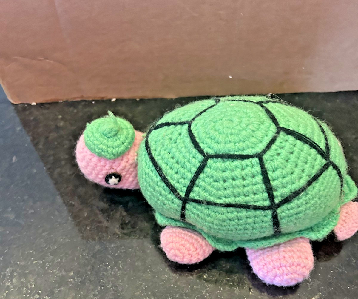 Vintage Russ Berrie Turtle Plush Green Pink Crochet Style 7 Inch