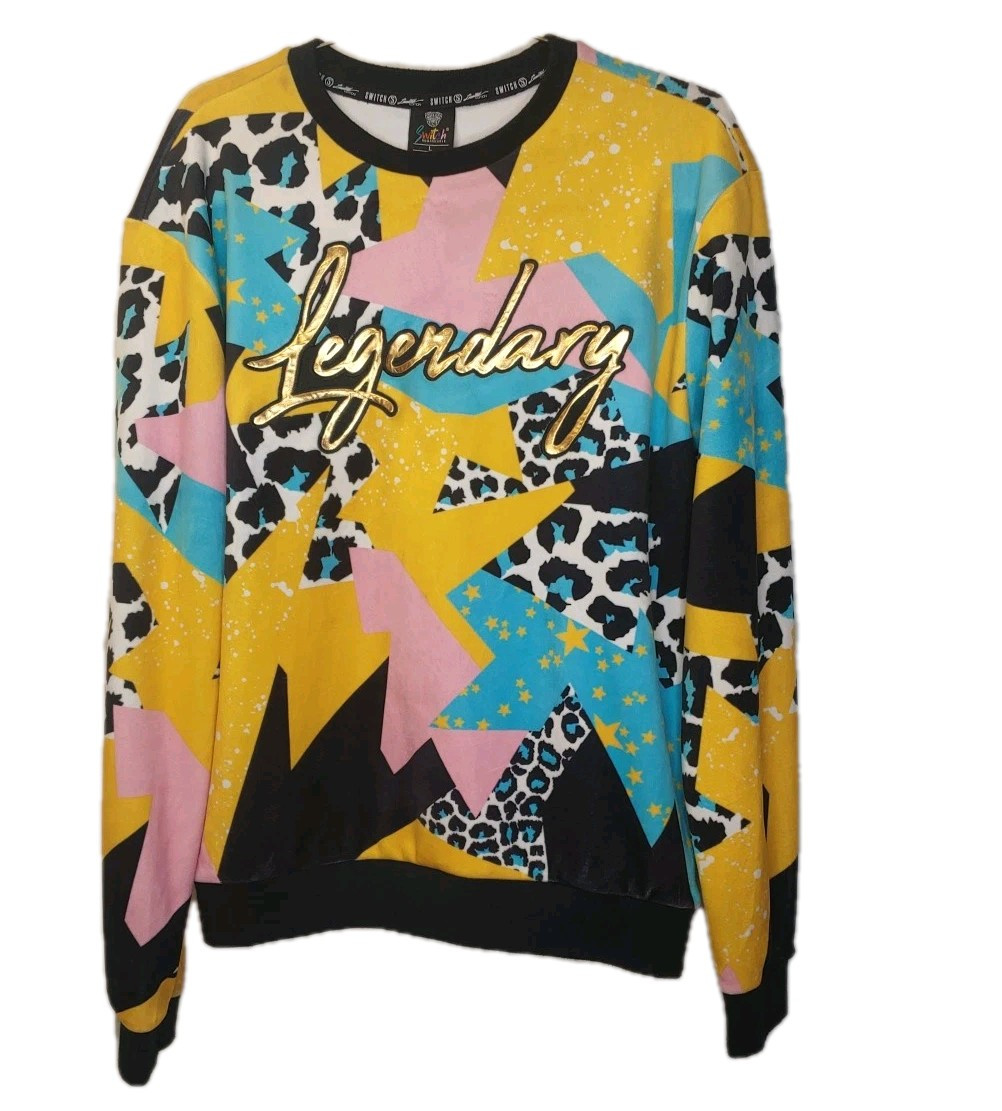 Switch Remarkable Legendary Velour Sweatshirt Men Large Retro 80s AOP Geometric 