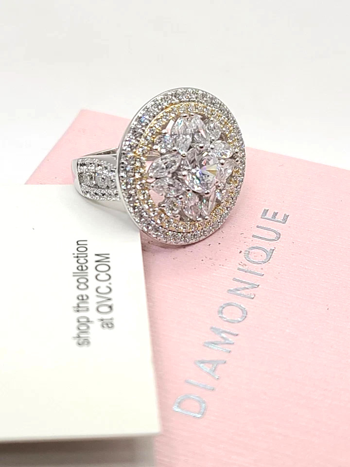 Diamonique x Jennifer Miller Two-Toned Round Cluster Ring Sterling Silver sz 6 