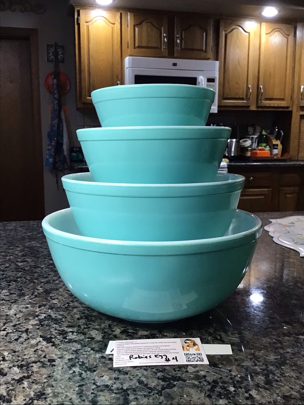Vintage Pyrex Robins Egg Blue Mixing Bowl Set 4 Pc COMPLETE w/CUSTOM STANDS VGC