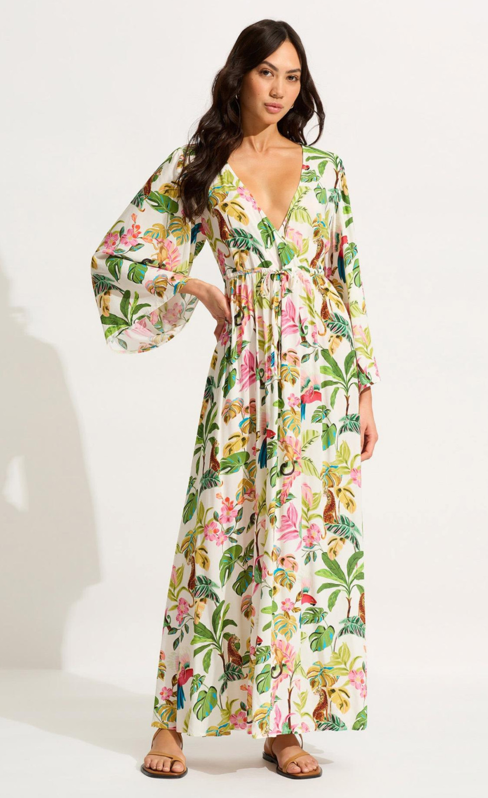 Seafolly Tropica Maxi Dress Beach Silk Blend Floral Tropical Vacation Cover-up