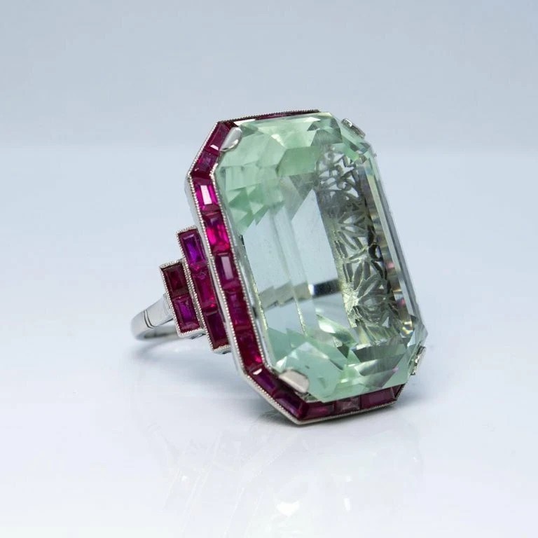 Vintage Art Deco Style 7Ct Aquamarine & Ruby Anniversary 14K White Gold FN Ring