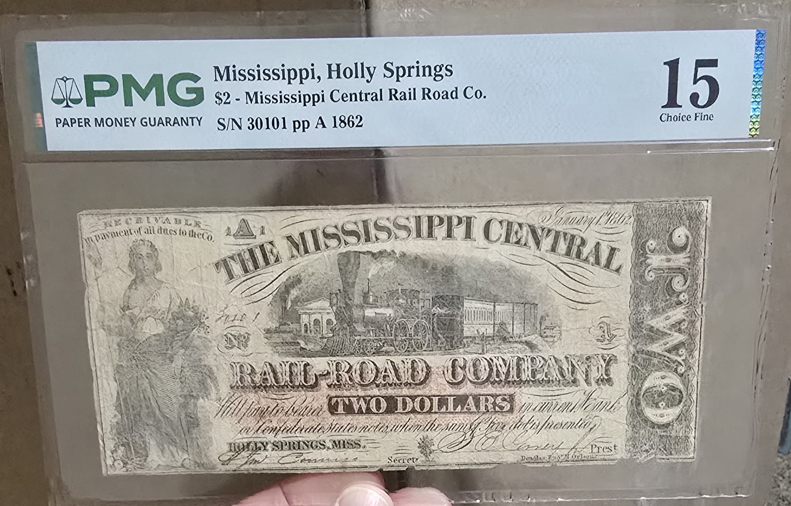 1862 $2 The Mississippi Central Rail Road Co. Note - Holly Springs MS - PMG 15