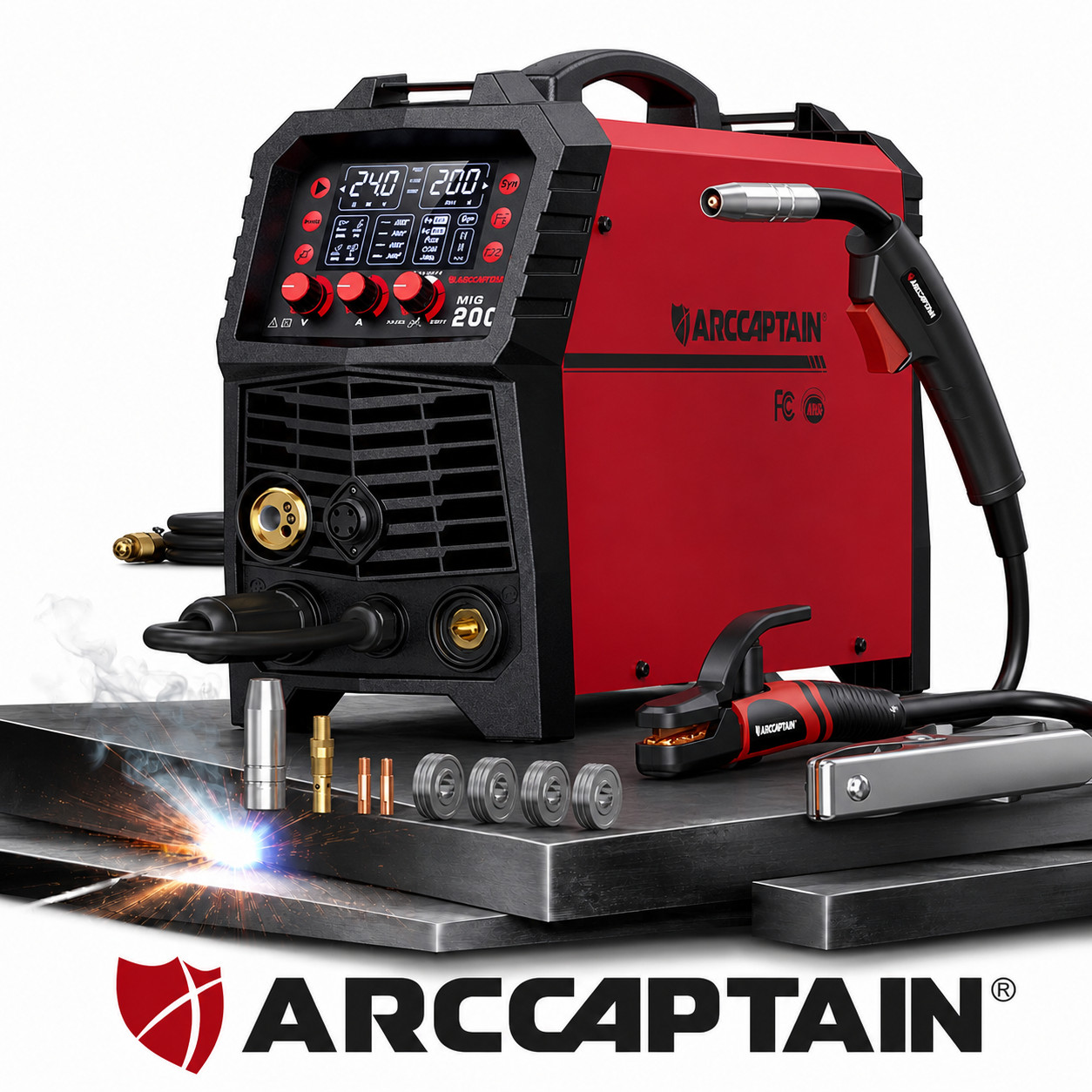 ARCCAPTAIN MIG Welder Aluminum 200Amp 6 in 1 LED Display Gas/Gasless MIG/Stick