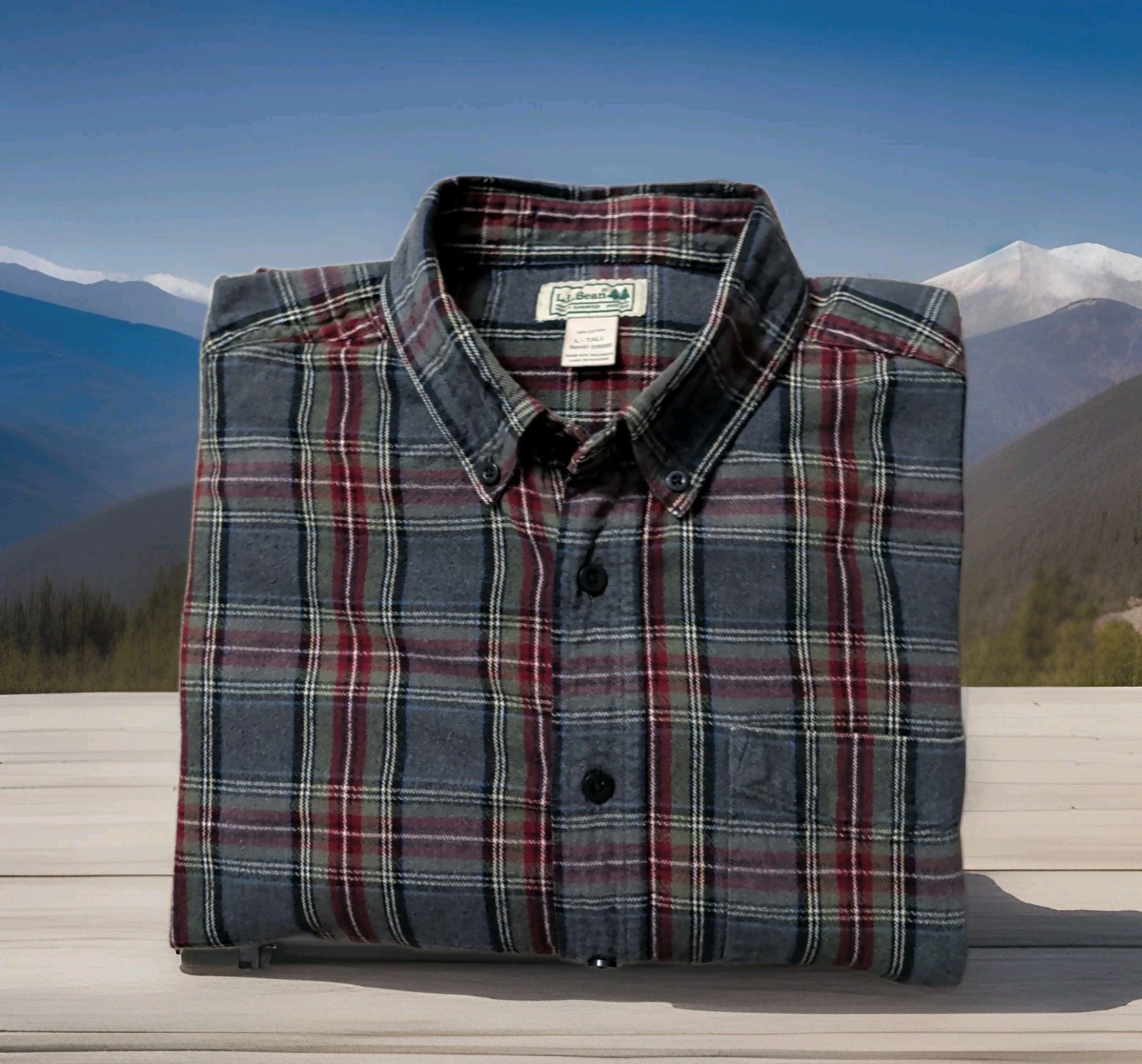 LL Bean Gray Red Plaid Flannel Long Sleeve Button Down Shirt Mens Size LT EUC 