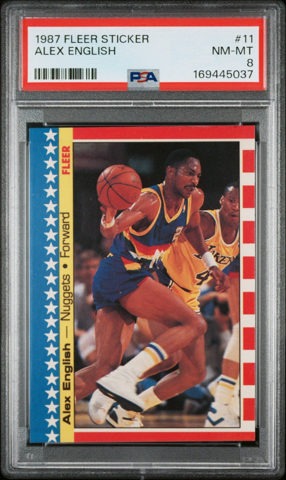 Fleer 1987-88 Alex English Stickers #11 PSA 8 Denver Nuggets Basketball Fleer 1987-88 Alex English Stickers #11 PSA 8 Denver Nuggets Basketball
