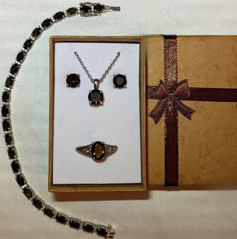 DEAL FINE Brown Smoky Quartz Necklace, Earrings, Bracelet, & Ring Size 9.5 Set