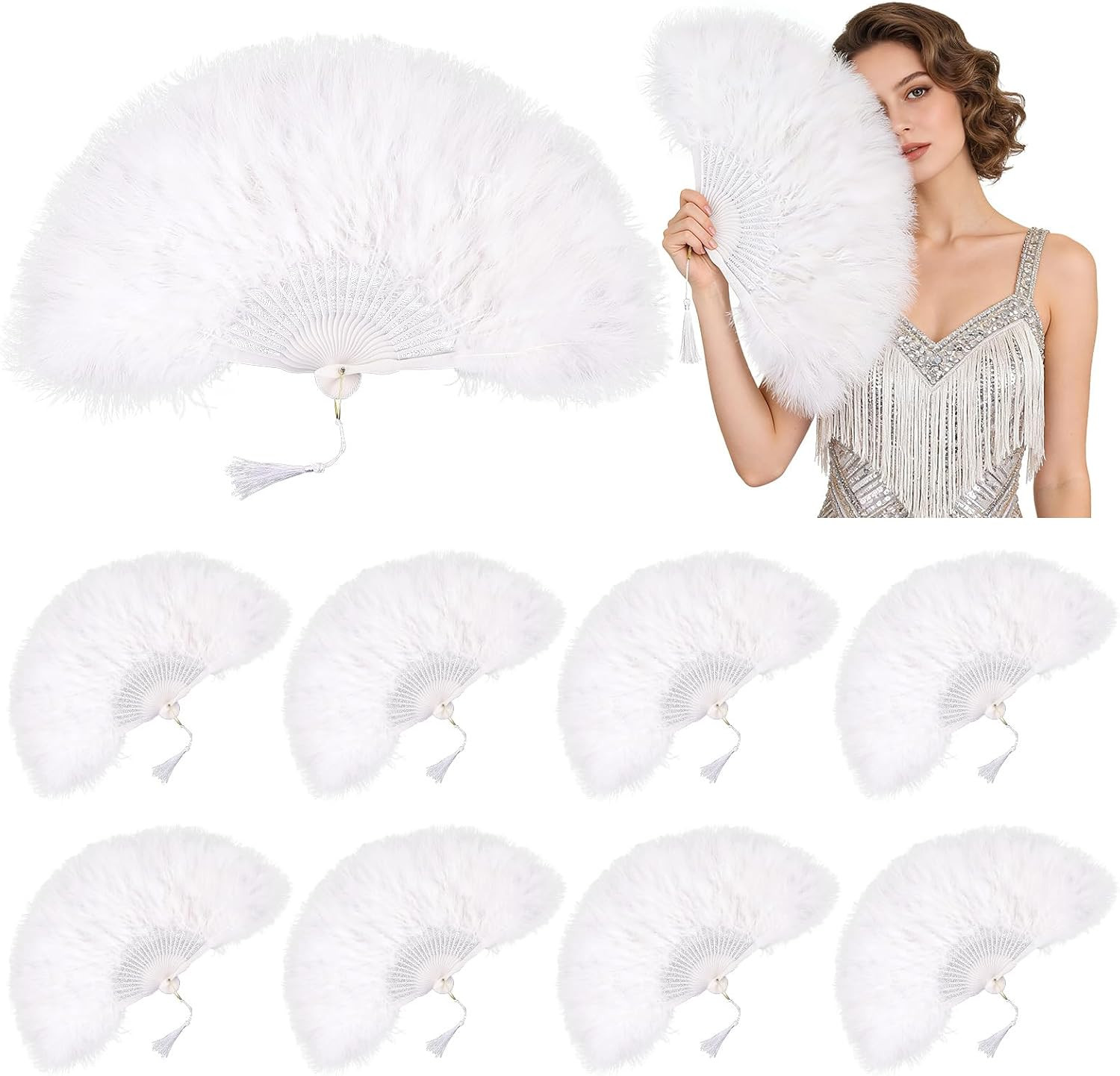 8 Pcs White Marabou Feather Fan Bulk Wedding Headband Vintage Folding 1920S Flap