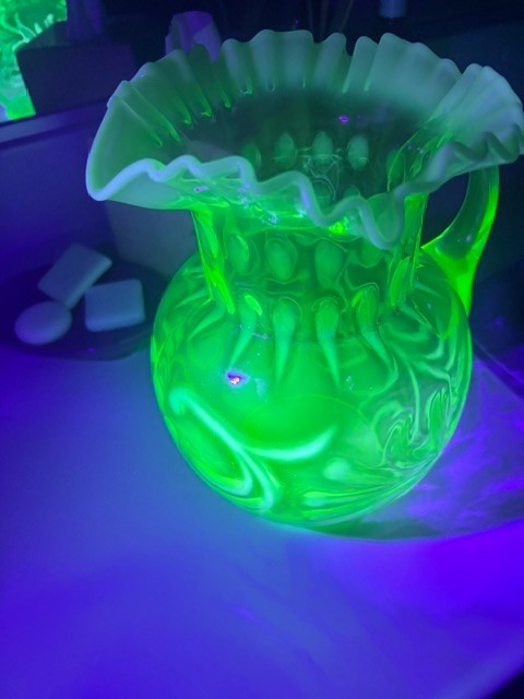 Antique Jefferson Glass Green Uranium Opalescent Water Pitcher Buttons & Braids Antique Jefferson Glass Green Uranium Opalescent Water Pitcher Buttons & Braids