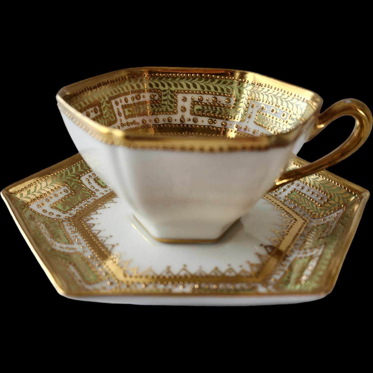 Antique Nippon RG Hand Painted Gold & Green Cup & Saucer Set – Hexagonal Porcela