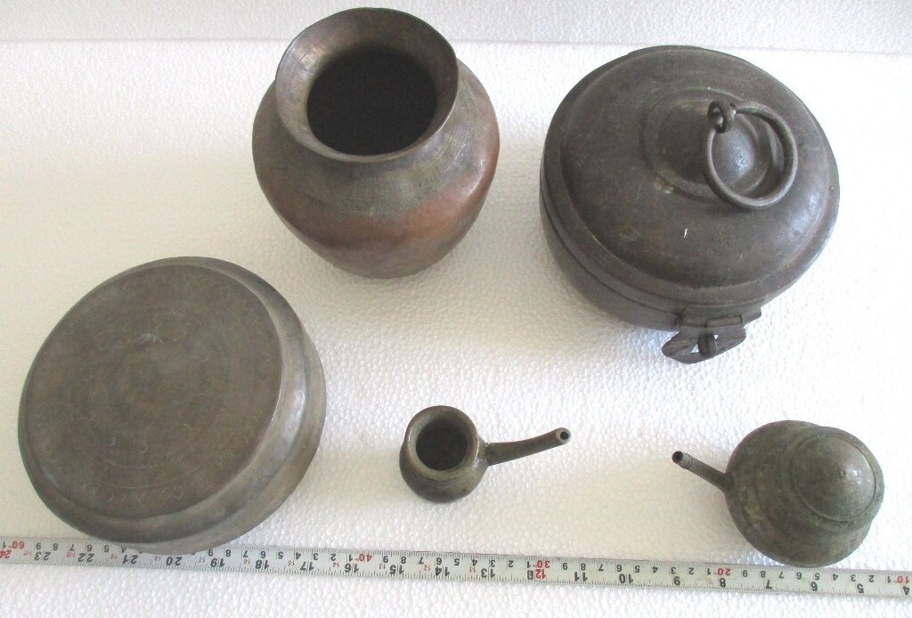 ANTIQUE BRONZE BRASS LOT COPPER KETTLE , BOX AND POT