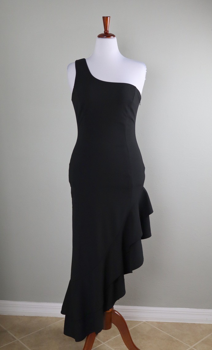 LULUS NWT $85 Solid Black Crepe Ruffle Asymmetric One Shoulder Dress Size Large