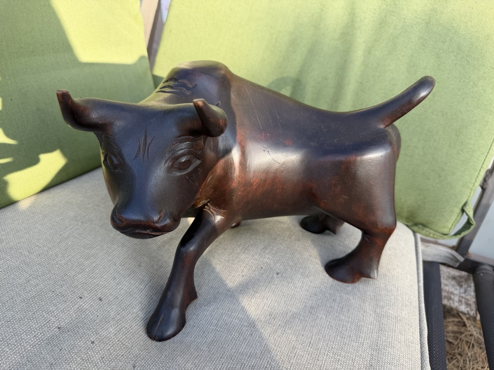 Vintage Hand Carved Polished Wood Bull Sculpture Vintage Hand Carved Polished Wood Bull Sculpture