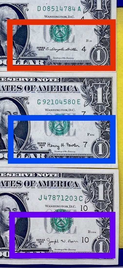 1963 1963A 1963B Series Set Of Three BARR Fancy Serial Number One Dollar Bill DC
