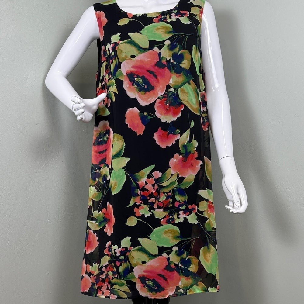 DKNY Black Vibrant Poppy Floral Print A-Line Midi Dress Wedding Guest Size 12