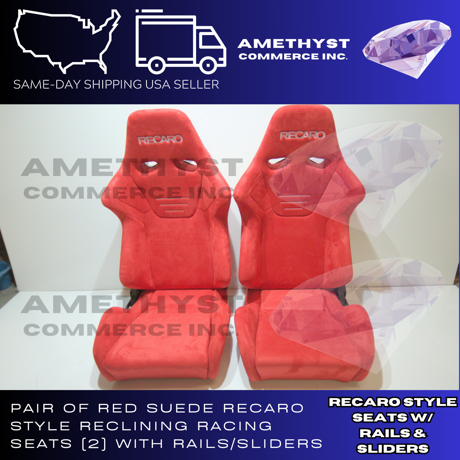 Pair (2) Reclinable Slider Seats For Recaro Style SR-S Red Suede Seat Sportster
