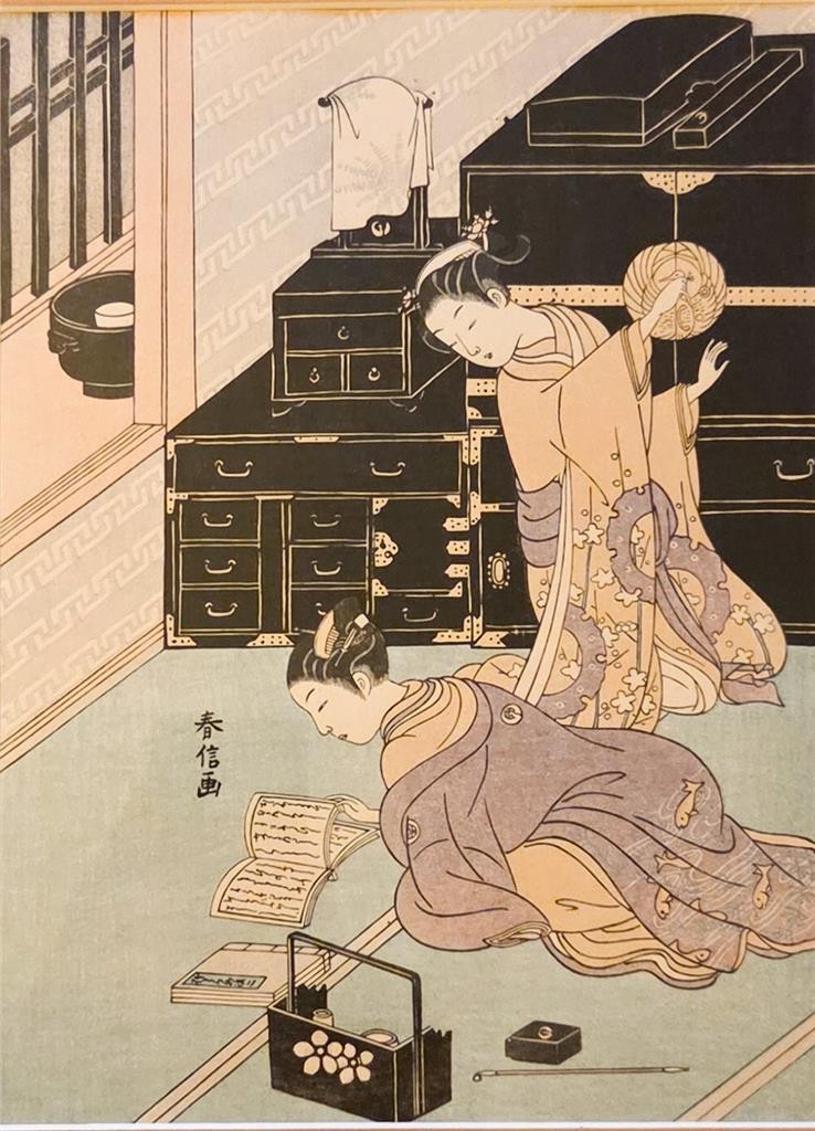 Antique Japanese Framed Woodblock Print Woman Reading by Suzuki Harunobu c.1900