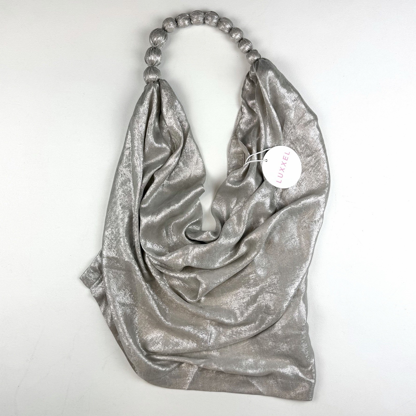 Luxxel Silver Metallic Beaded Halter Top Backless Cowl Neck Party Club Y2K Large