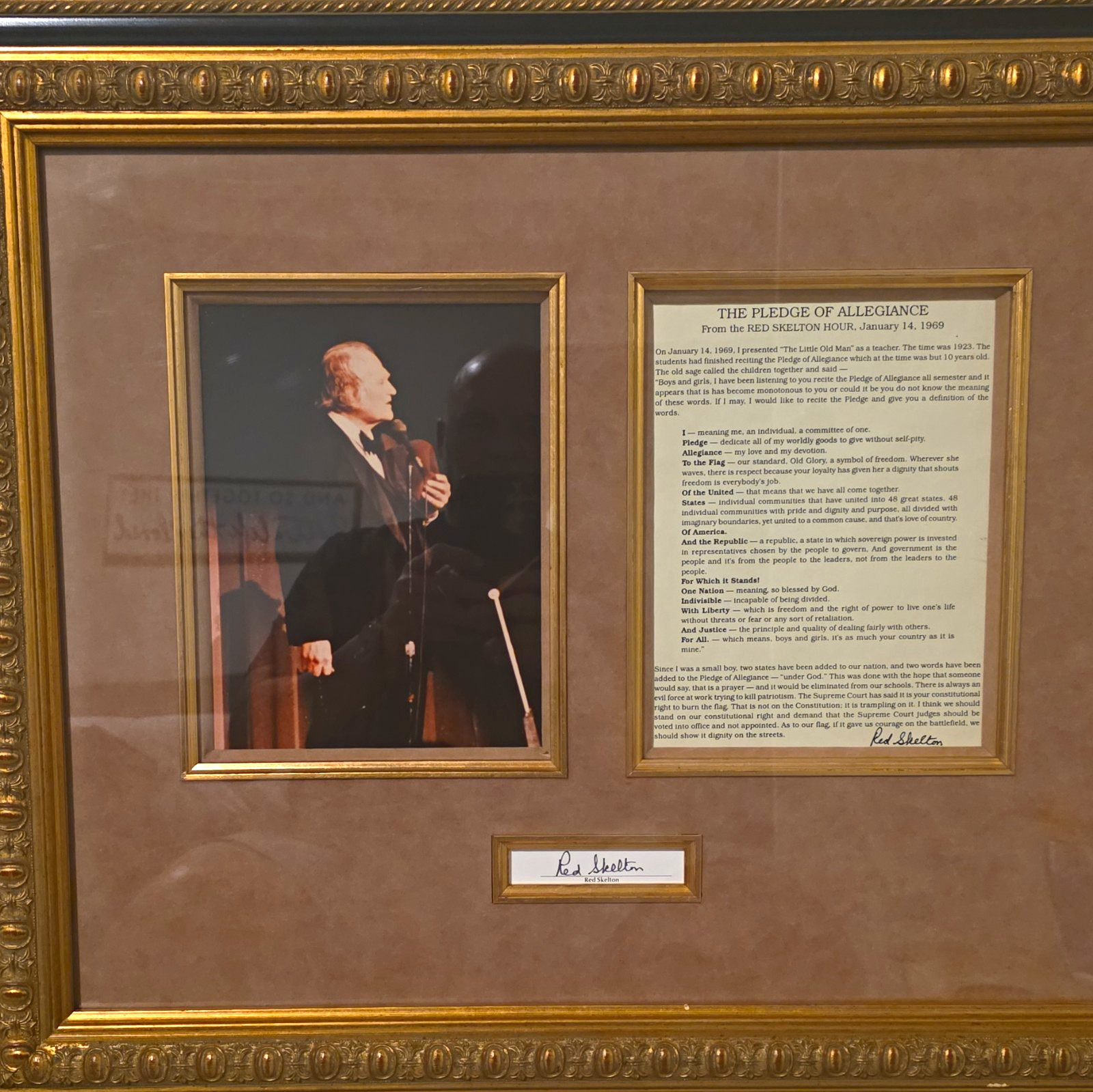 Beautiful Custom-framed Commemorative Red Skelton The Pledge of Allegiance COA