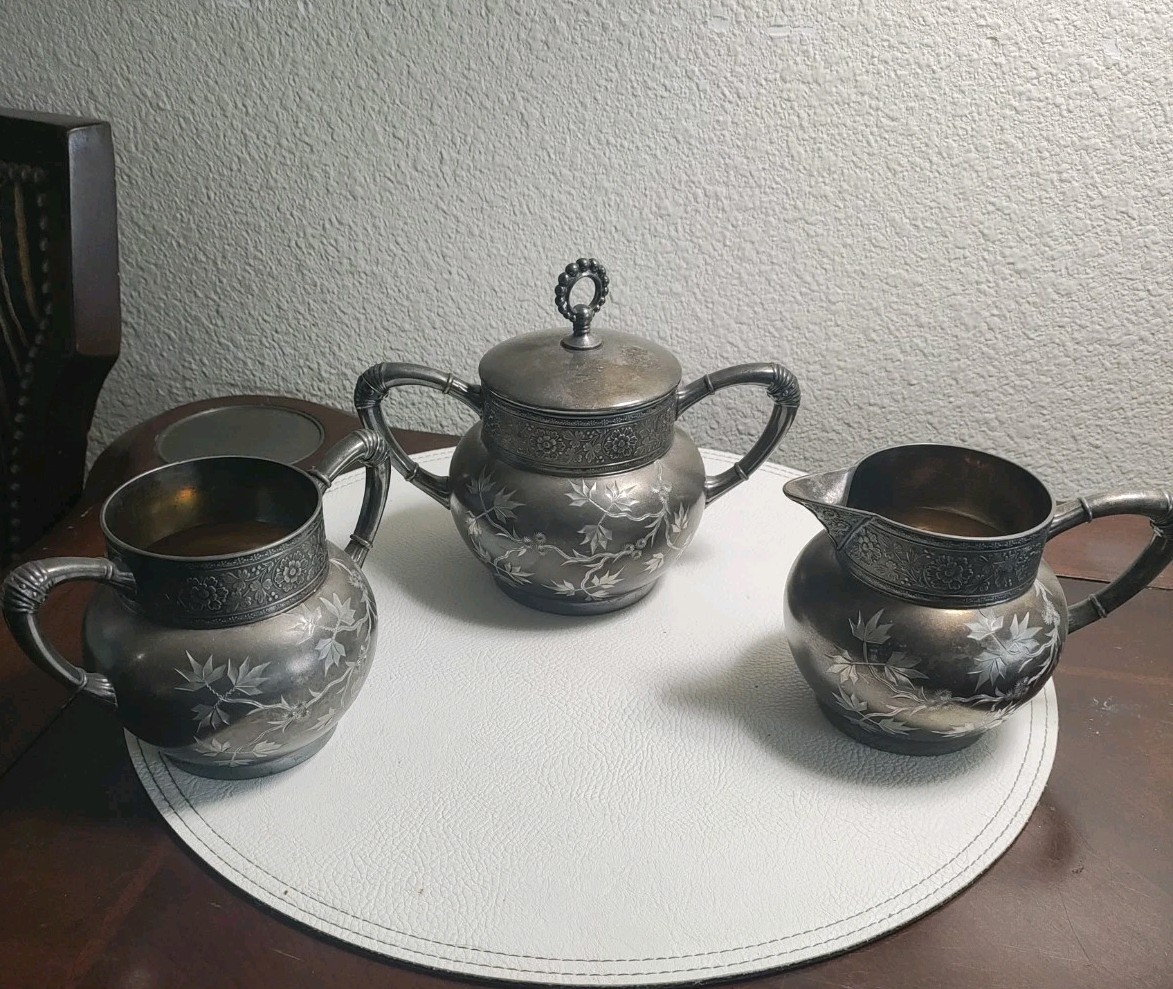 RARE ANTIQUE JAMES W. TUFTS QUADRUPLE PLATED 3 PIECE SILVER SUGAR SET