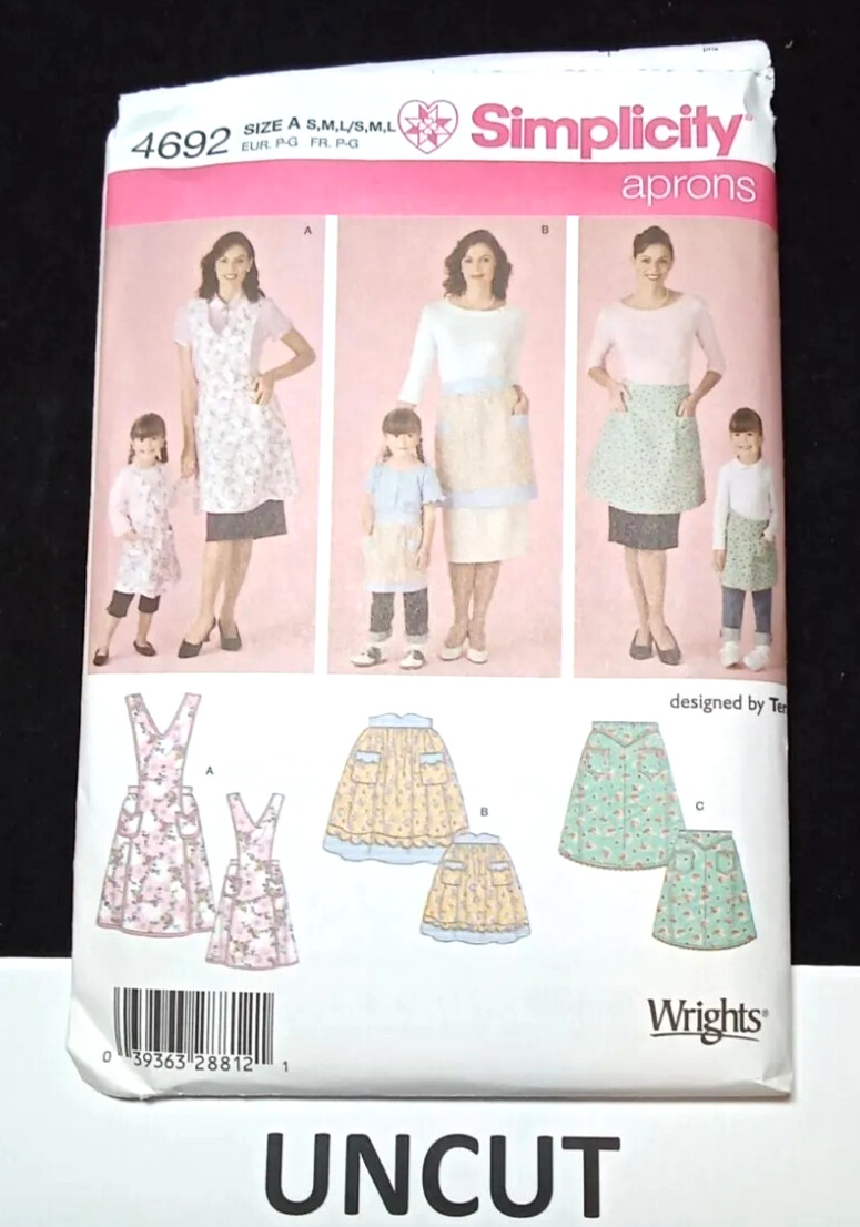 Simplicity UNCUT Pattern 4692 Size S-M-L Misses Child\'s Bib Half Skirt Aprons FF