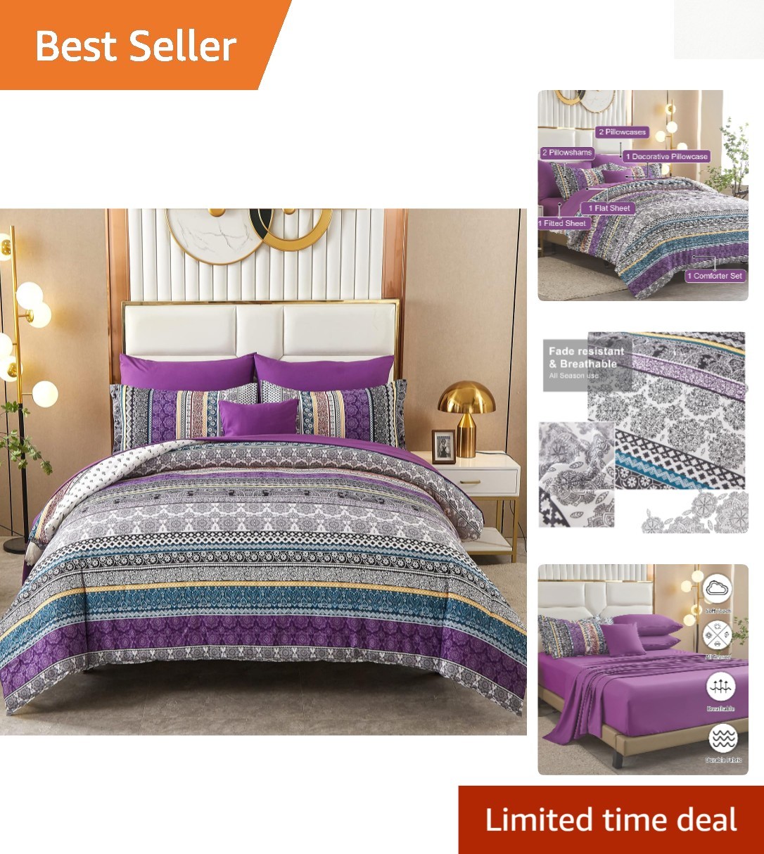 All-Season 8-Piece Boho Comforter Set in Full Size - Charming Purple Design