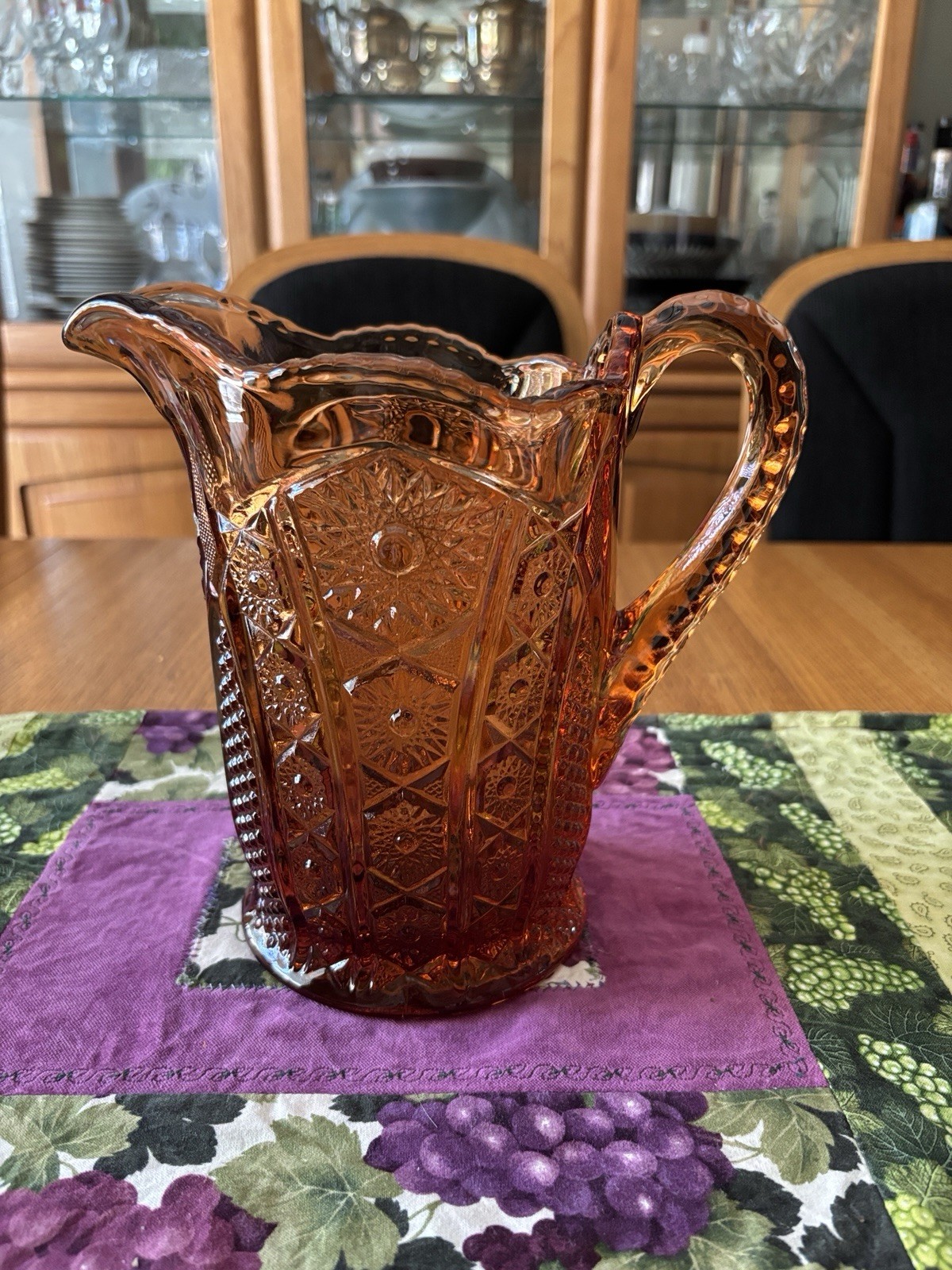 Vintage Indiana Tiara Exclusive Monarch Pattern Coral Pressed Glass Pitcher