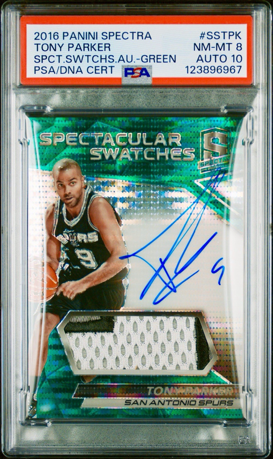 Tony Parker 2016 Spectra Game Used Patch Auto /5 Swatches Green PSA 8 Auto 10 SP