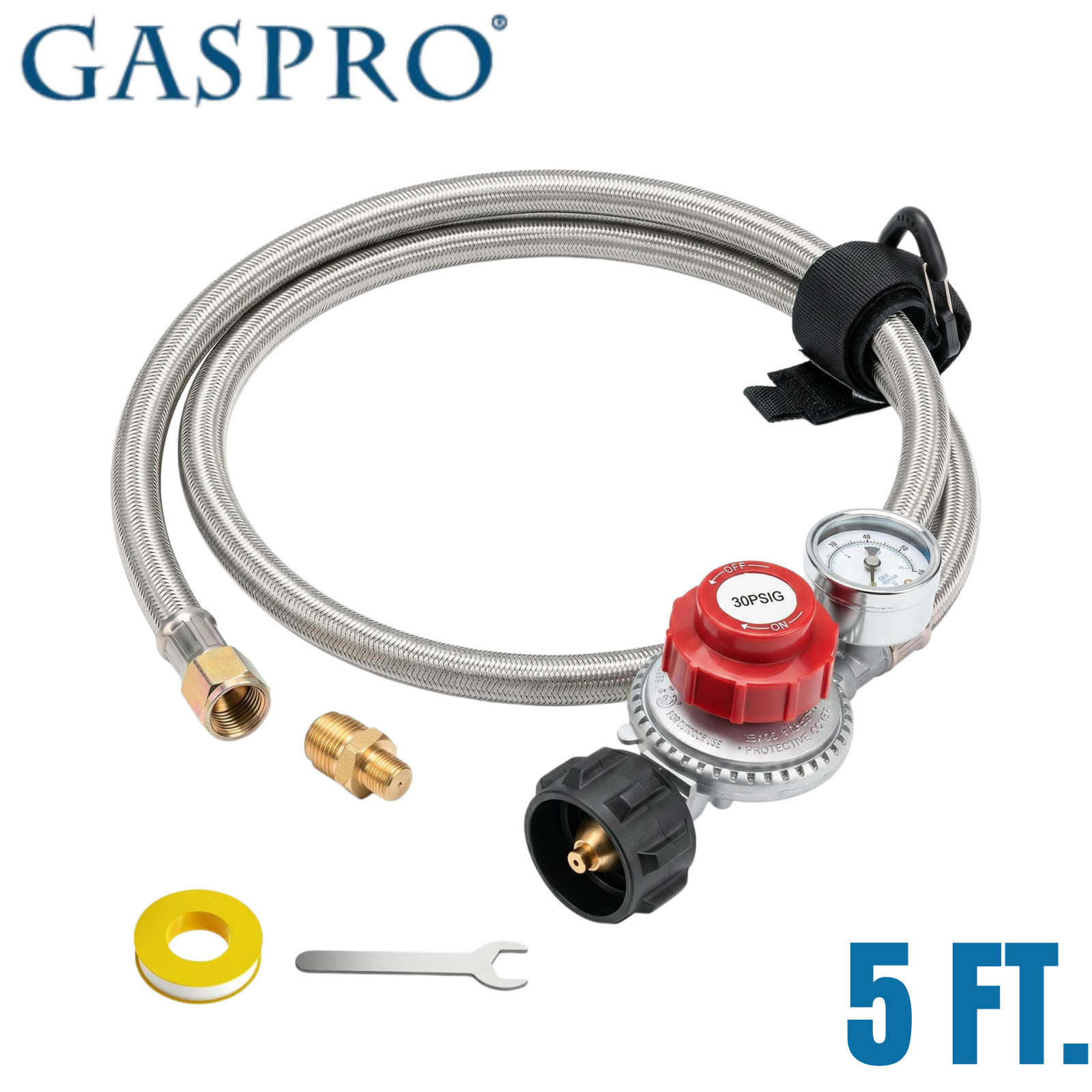 High Pressure Propane Regulator 0-30 PSI, 5FT Braided Hose with Gauge for LP Gas