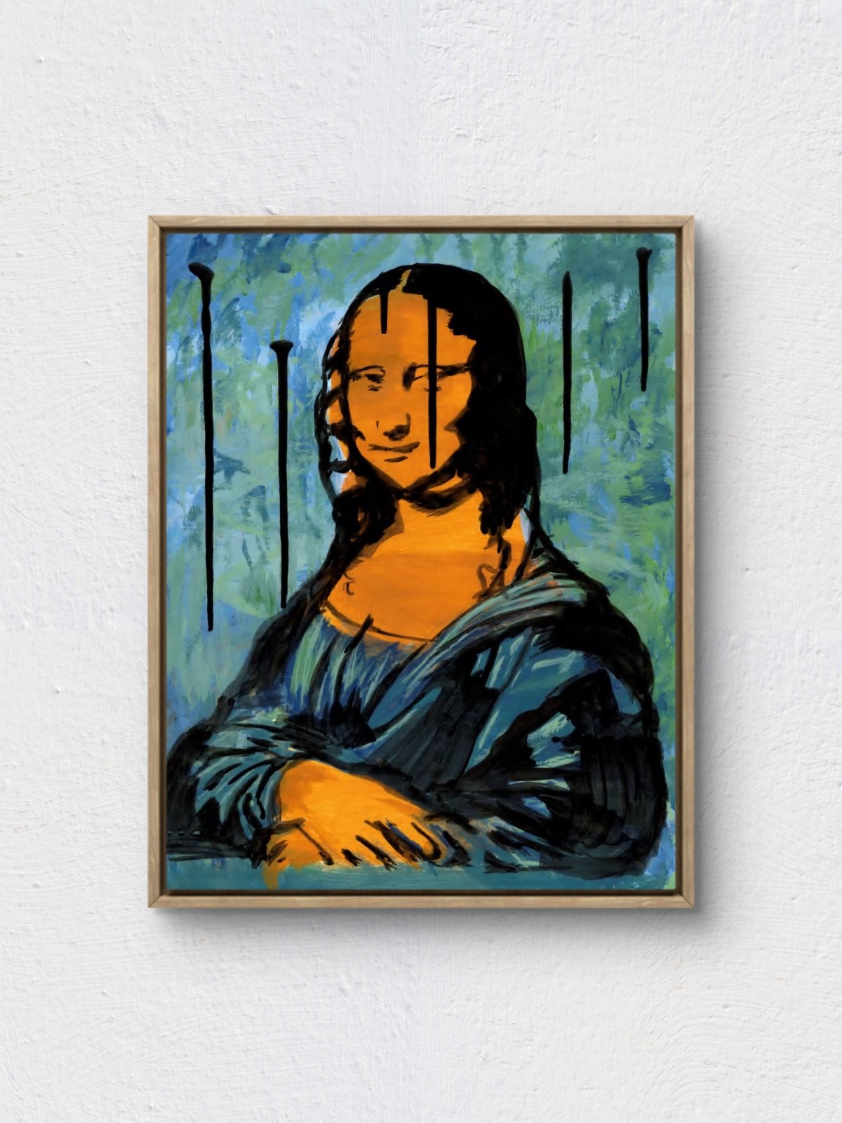 Original Hand Painted 11x14 Mona Lisa Blue Abstract Acrylic Paper Art