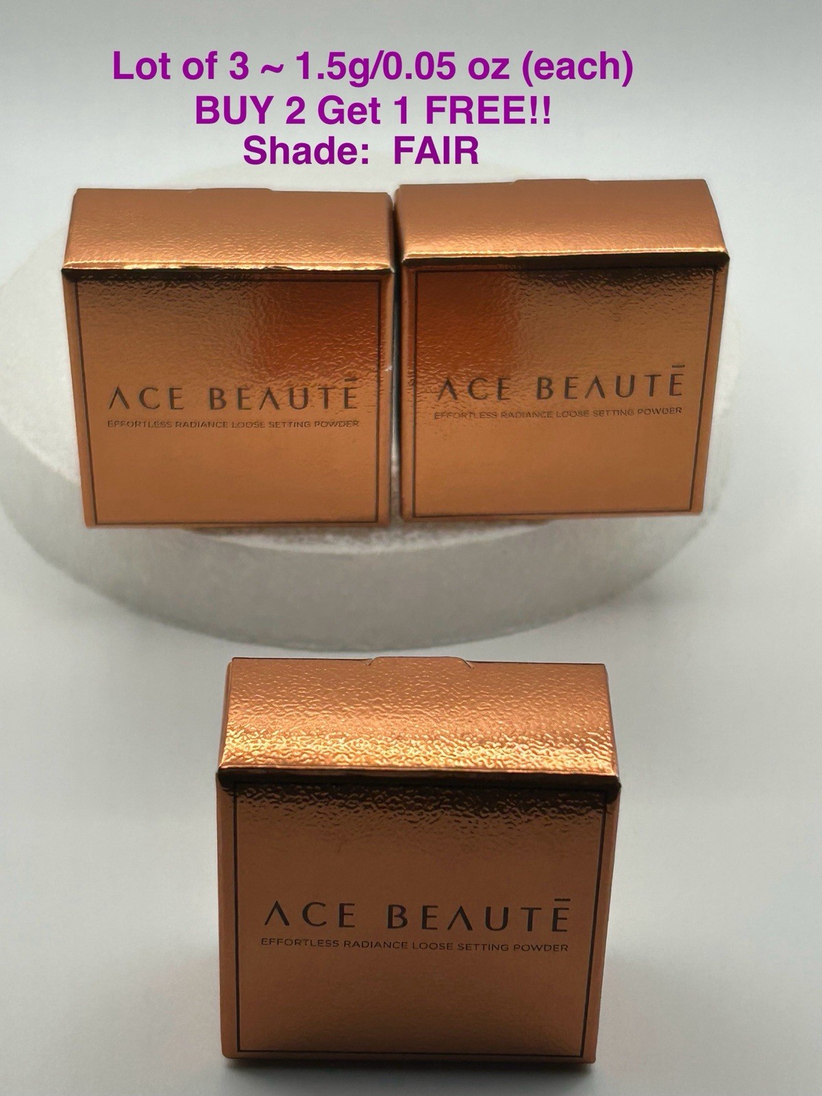 3x  Ace Beauty Beaute~Effortless Radiance Loose Setting Powder ~FAIR~ 0.05 oz