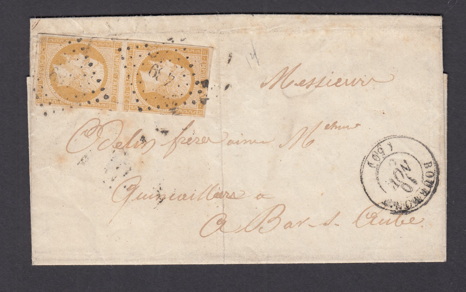 FRANCE 14 PAIR ON COVER FOLDED LETTER 1855 FRANCE 14 PAIR ON COVER FOLDED LETTER 1855