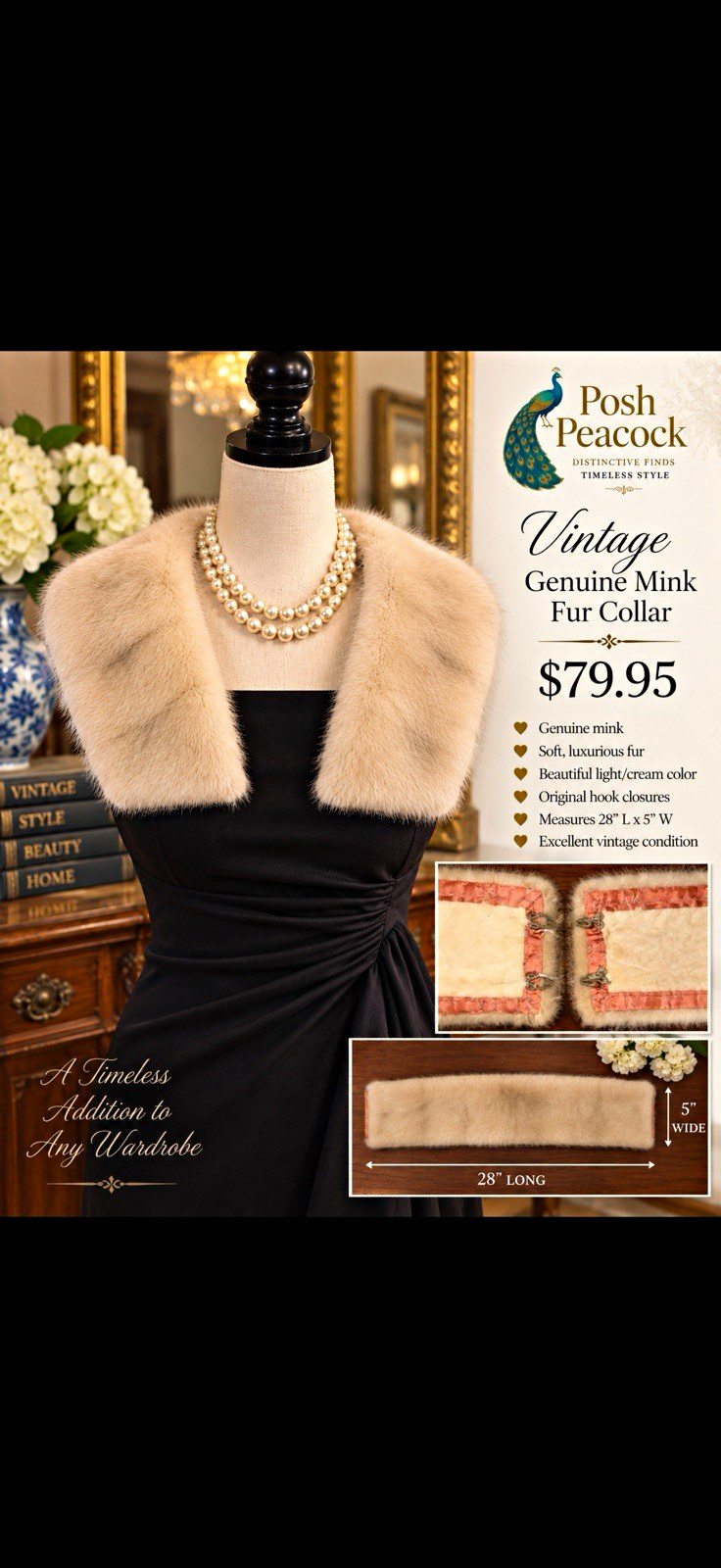 Vintage Genuine Mink Fur Collar, Cream, Women’s Formal Fur Collar Accessory