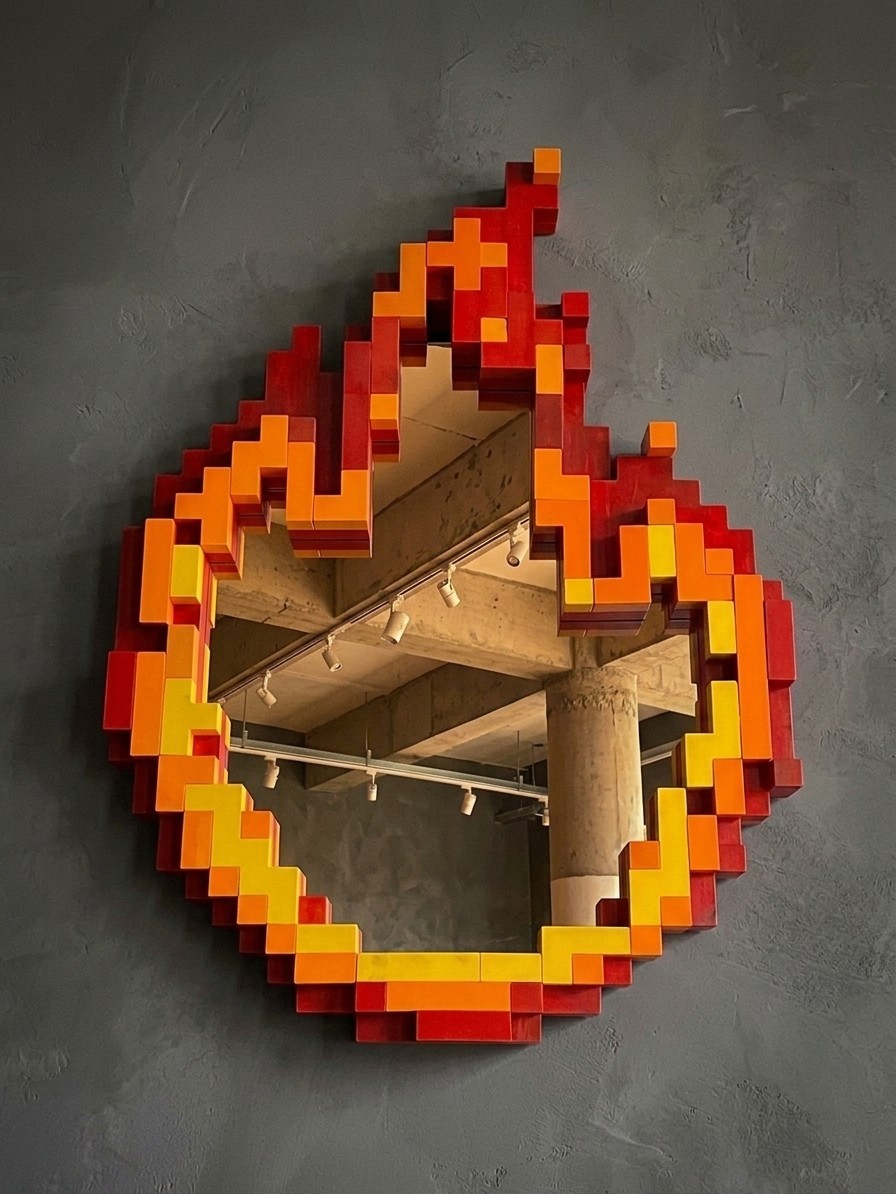 Pixel Flame Mirror Retro Gaming Wall Decor 8-Bit Fire Wood Mirror Game Room Art