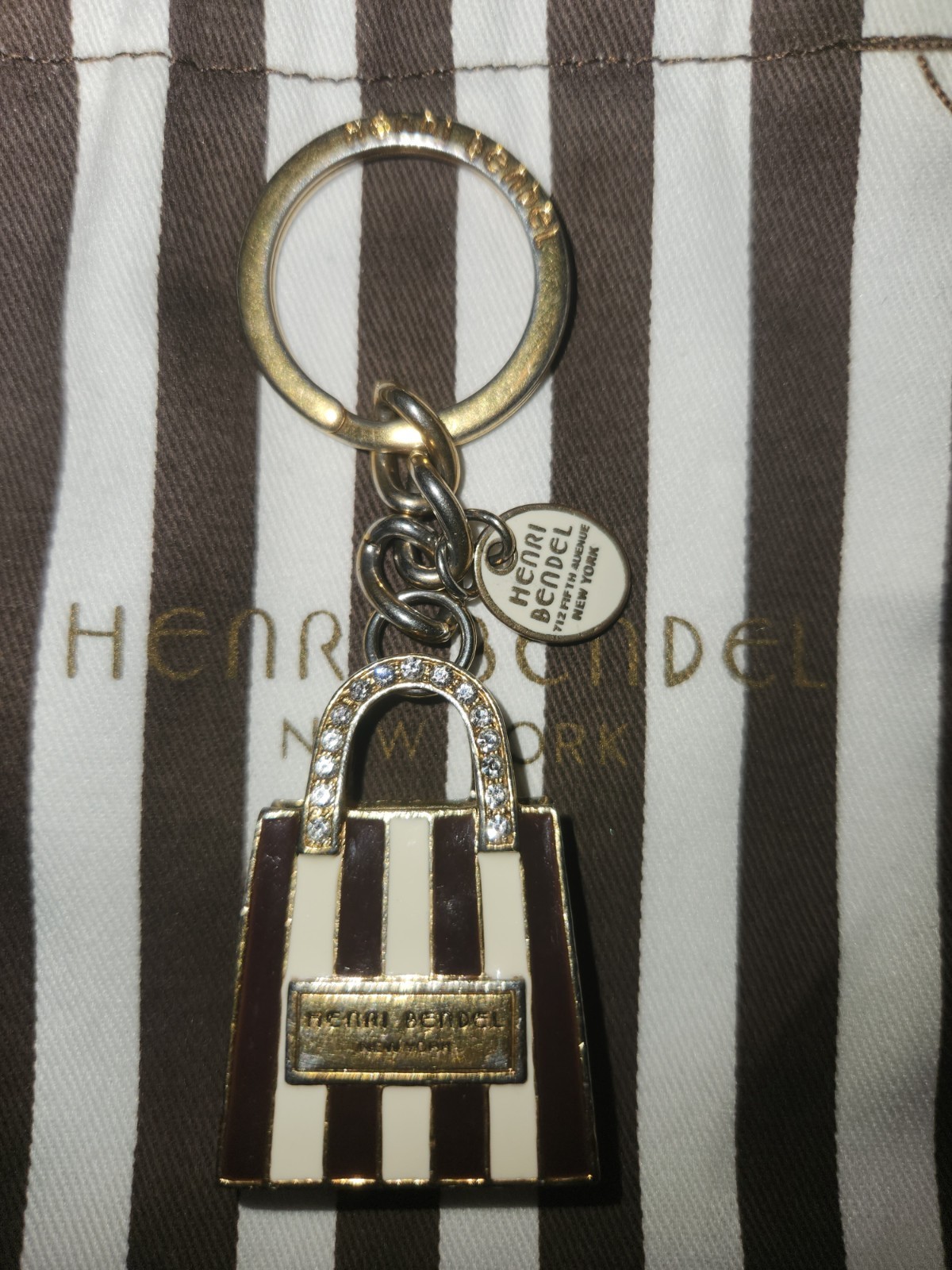 Vintage Henri Bendel Enamel & Crystal Key Fob Bag Charm with Dust Bag 
