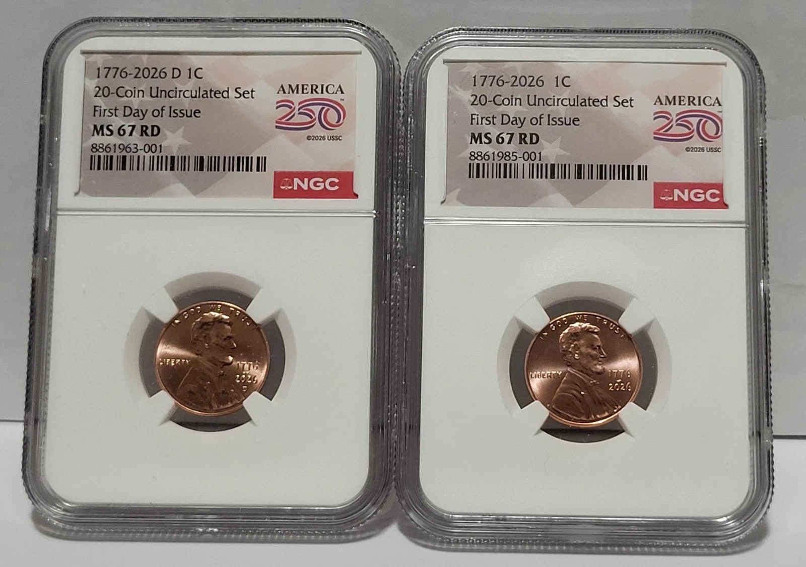 IN STOCK 2 Coin set 1776 2026 P & D Lincoln Cent NGC MS67 RD FDOI 250 Flag Label