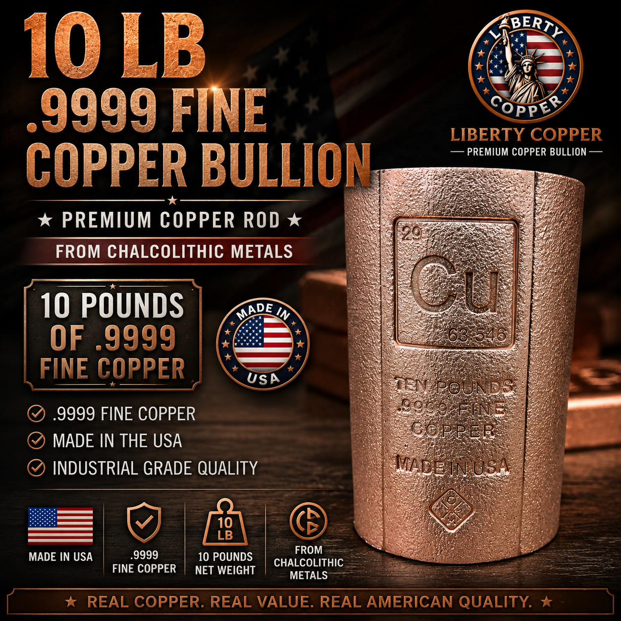 10 LB .9999 Fine Copper Bullion Cylinder Cu Stamped Made in USA Copper Bar