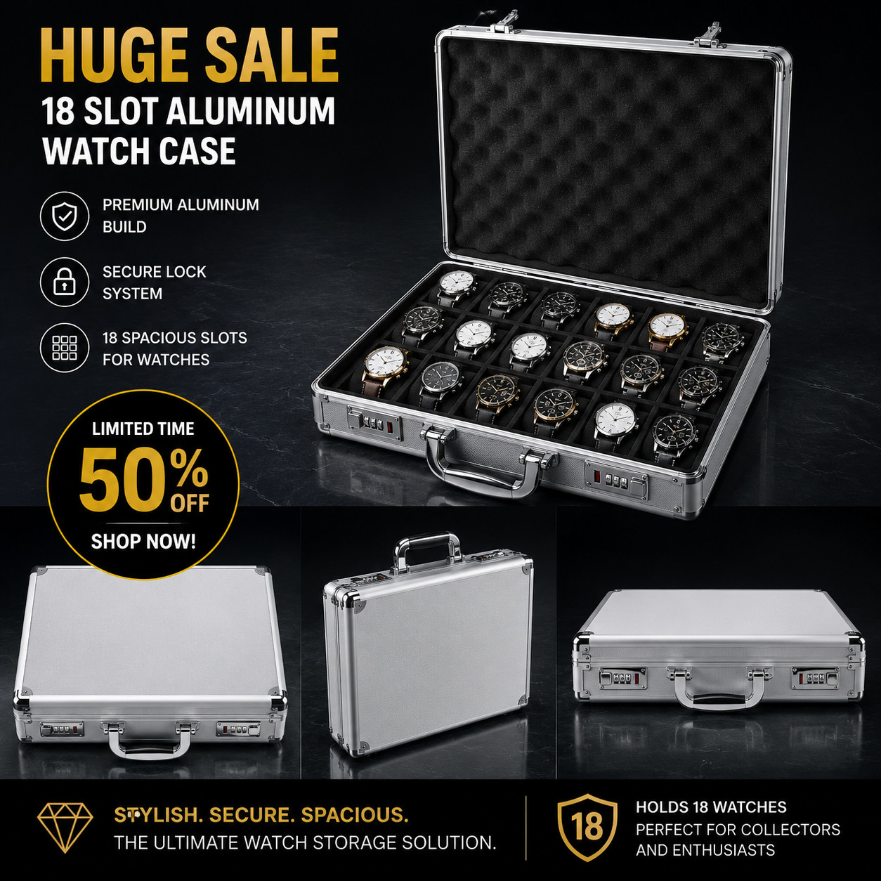 Invicta 18 Slot Aluminum Watch Briefcase With Lock Silver Luxury Storage Case