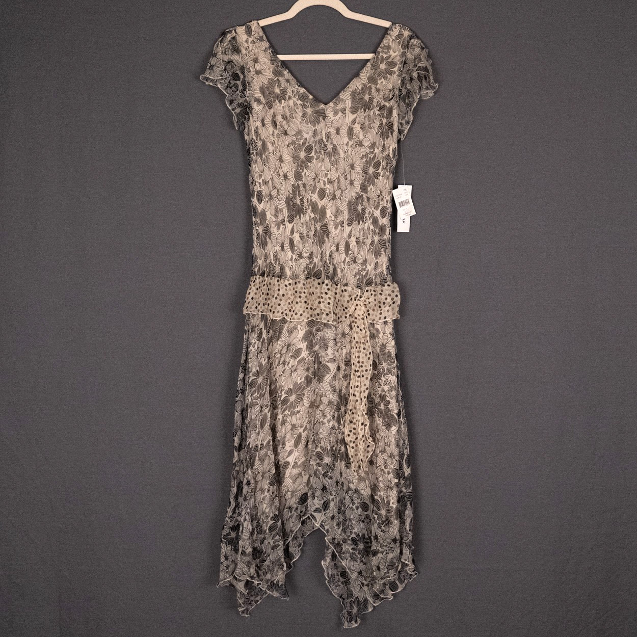 Y2K Jonathan Martin Floral Silk Dress Size 10 w/ Polka Dot Sash Asymmetric Fairy