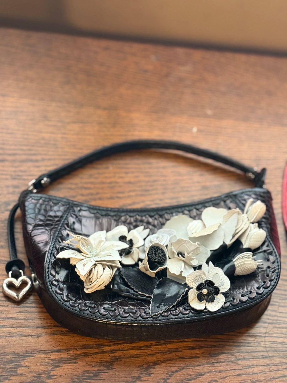 Brighton Calista Black Croc Embossed Patent Leather 3D Floral Mini Bag Evening Brighton Calista Black Croc Embossed Patent Leather 3D Floral Mini Bag Evening