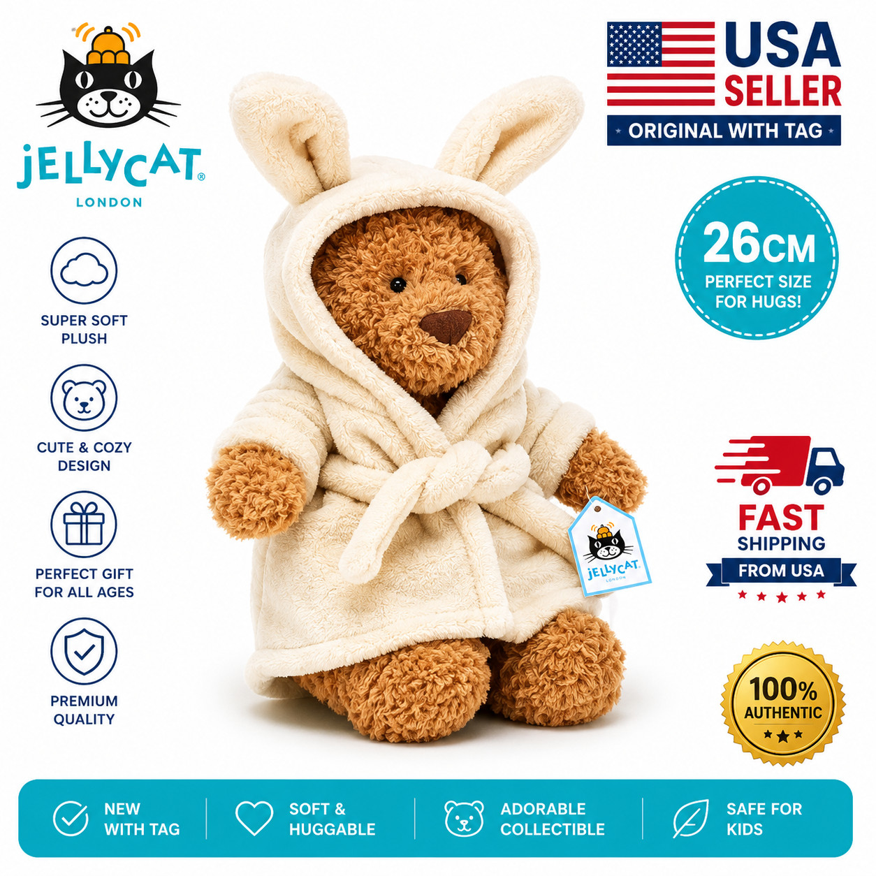 Jellycat Bathrobe Bear Plush Teddy Bear 26CM Soft Stuffed Animal Gift w/Tag USA
