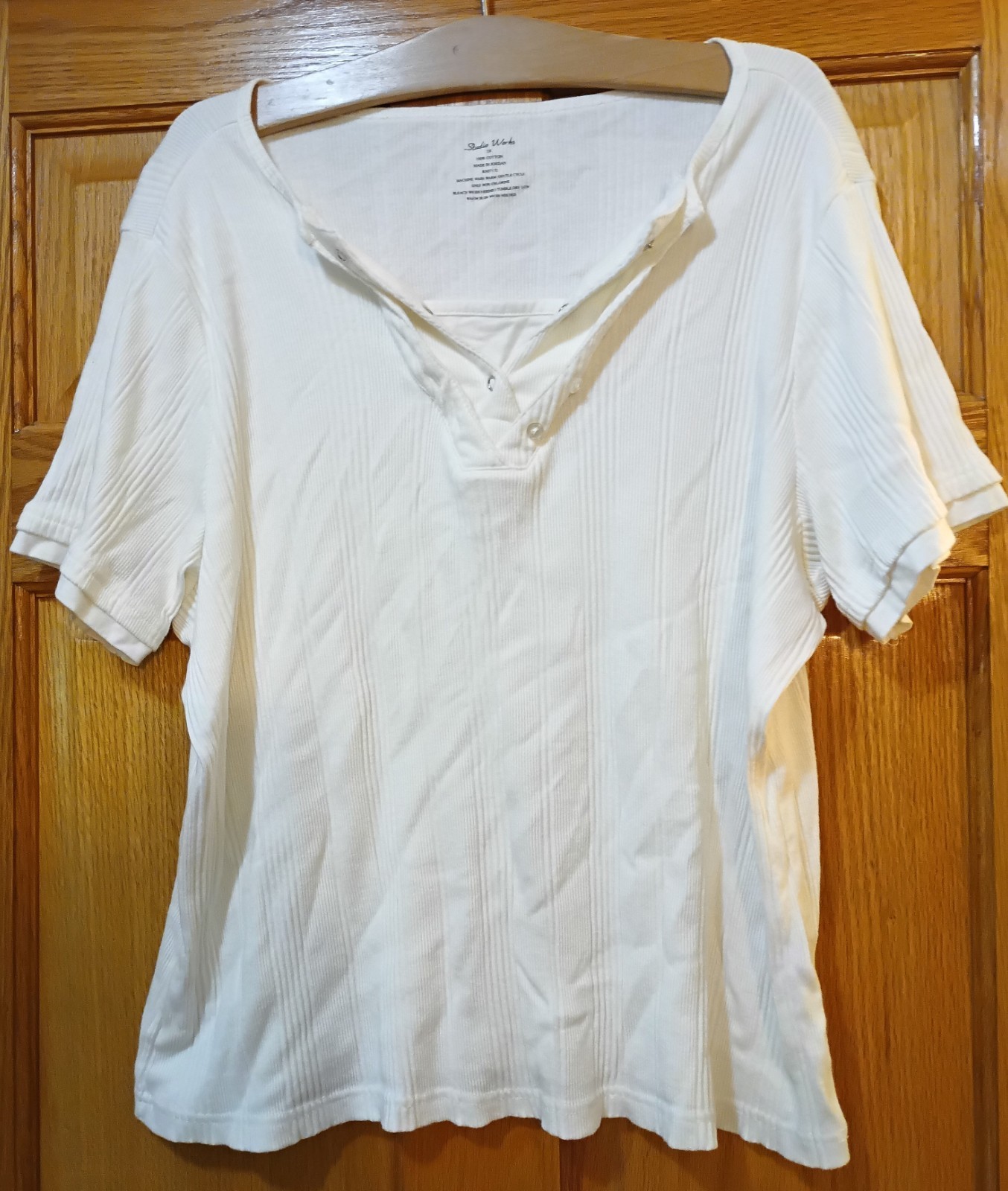 Studio Works 2X White Ribbed Henley Top Short Sleeve 100% Cotton Plus Size Studio Works 2X White Ribbed Henley Top Short Sleeve 100% Cotton Plus Size