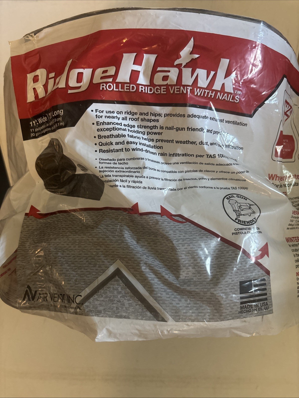 RidgeHawk Air Vent 20’ Foot Long / 11” Wide Rolled Ridge Vent w/ Nails RidgeHawk Air Vent 20’ Foot Long / 11” Wide Rolled Ridge Vent w/ Nails