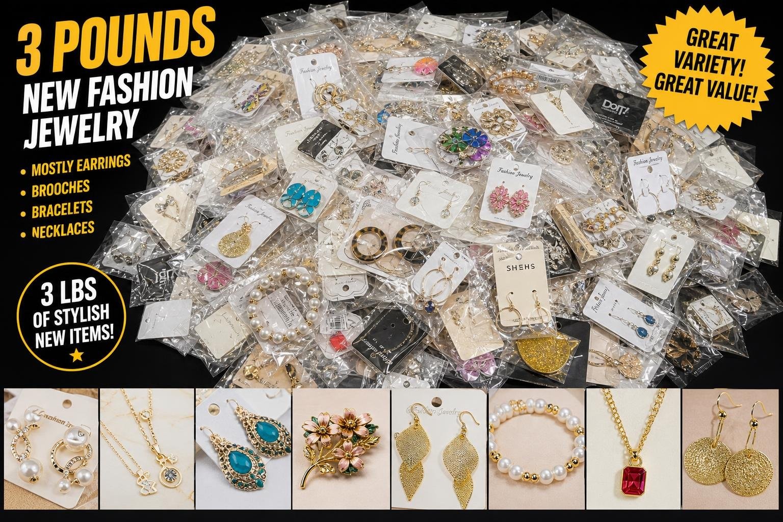 Bulk - 3 Pounds New Fashion Jewelry (Mostly Earrings) Brooch Bracelets Necklaces