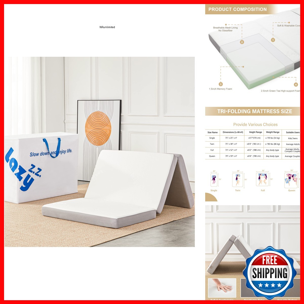 Lazyzizi Folding Mattress 4 Inch Memory Foam Tri-fold with Bamboo Fiber Cover