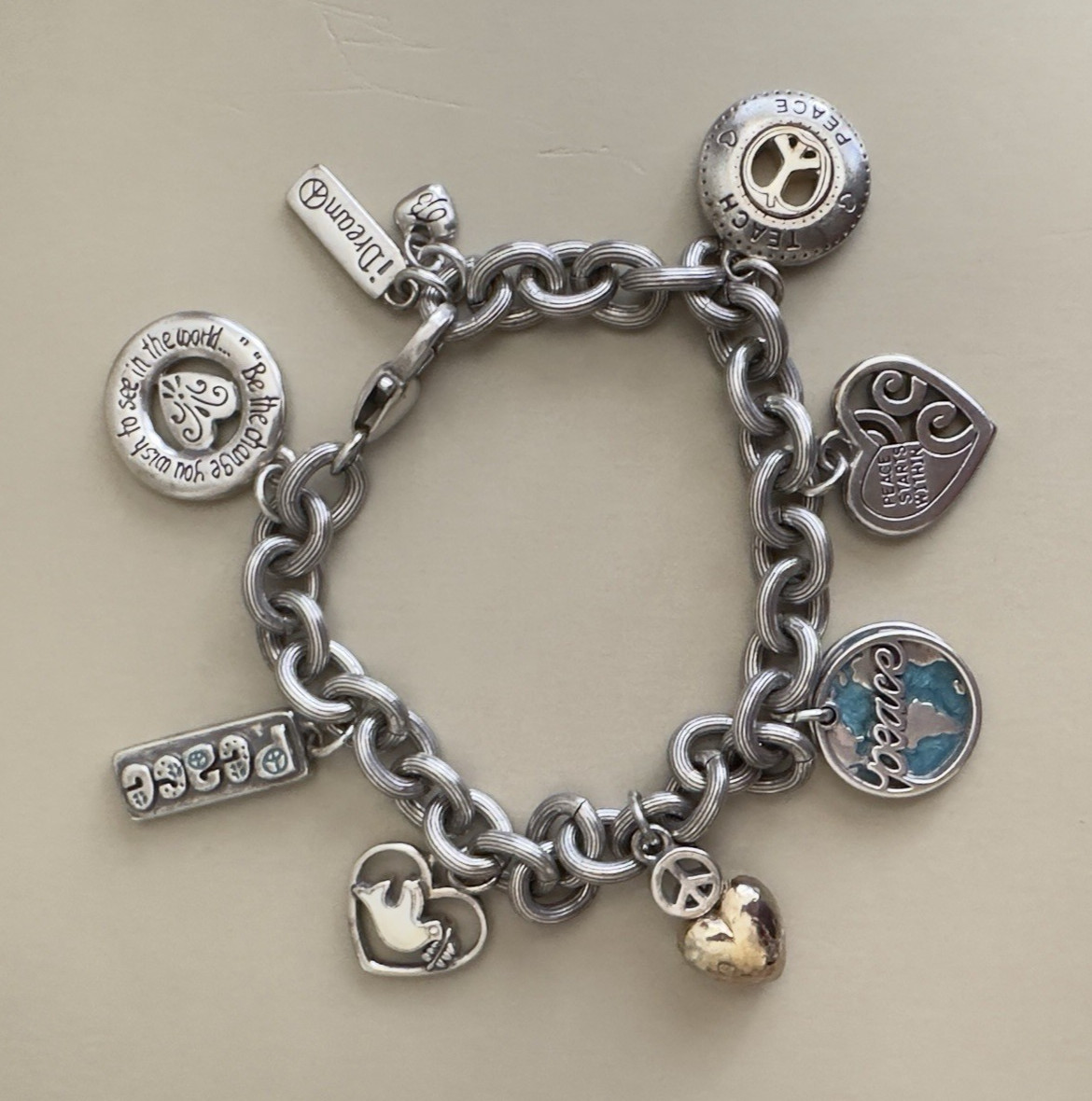 Brighton I Dream Peace Charm Bracelet Retired Silver Tone Heart Dove World 2007