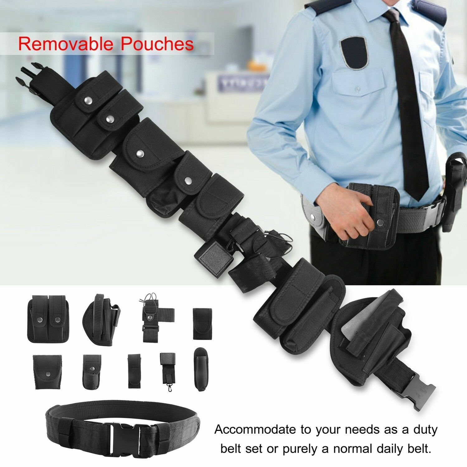 Black Tactical Nylon police Security Guard Duty Belt Utility Kit System w/ Pouch