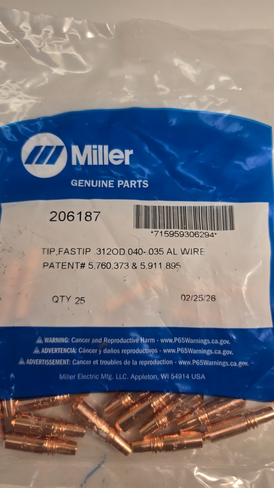 Miller Genuine FasTip Contact Tips 206187 .035 Alum .040 Hard Wire 25-Pack NEW